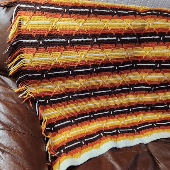 Vtg Handmade Afghan Crochet Retro Sofa Cover Diamond Stitch Stripe Blanket 43x71 - Picture 7 of 14